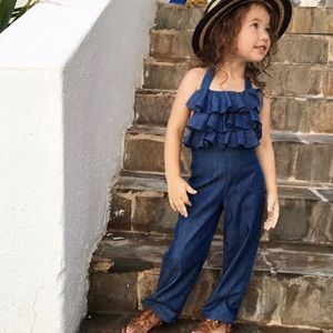 Abby Apples Ruffle Denim Jumpsuit